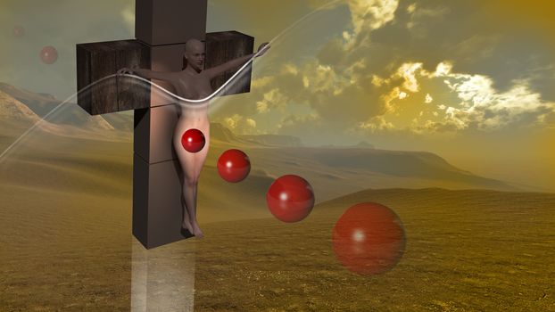 Woman  crucified end red balls 