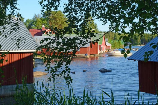 Beautiful red painted boathouse in Sweden