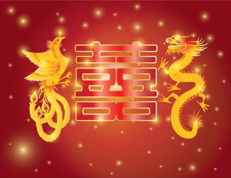 Dragon and Phoenix Double Happiness Red Background