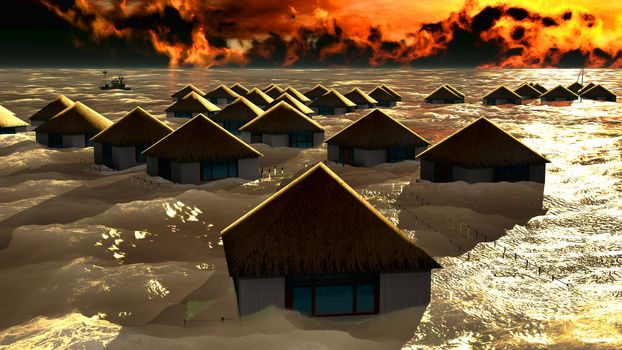 Tsunami destroying bungalows