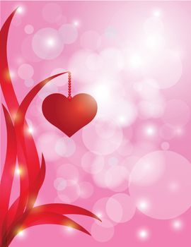 Red Heart Hanging on Swirly Leaf on Sparkling Bokeh Pink Background for Valentines Day Wedding Anniversary Illustration