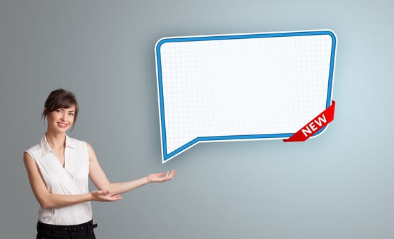young woman presenting modern speech bubble copy space