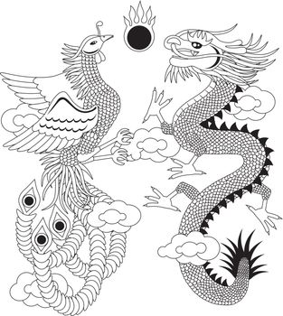 Dragon and Phoenix Symbols for Chinese Wedding with Flaming Ball Clouds Outline Illustration Isolated on White Background