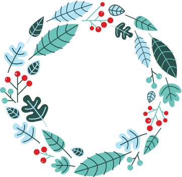 Retro xmas wreath with leaves and ashberry. Vector illustration