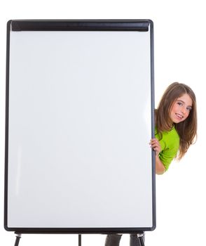 child happy girl with blank flip chart white copy space