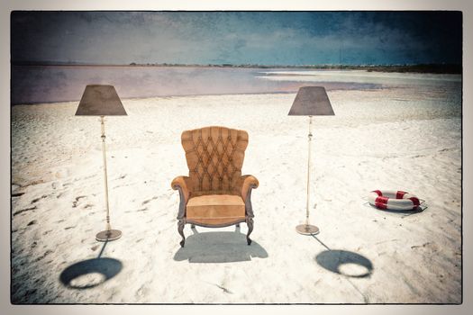 luxury leather armchair on the beach (vintage card style)