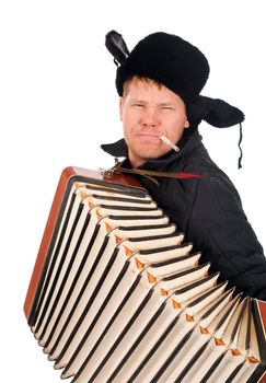 Russian man with accordion,redneck.isolated on white background 