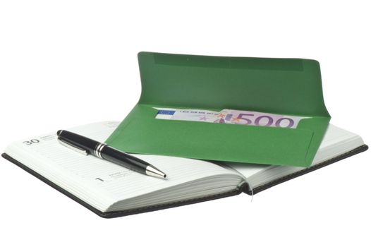 calendar, pen and colored envelopes with Euros 