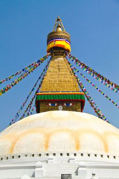 Stupa of the swayambhunath temple with blue sky in kathmandu, Ne