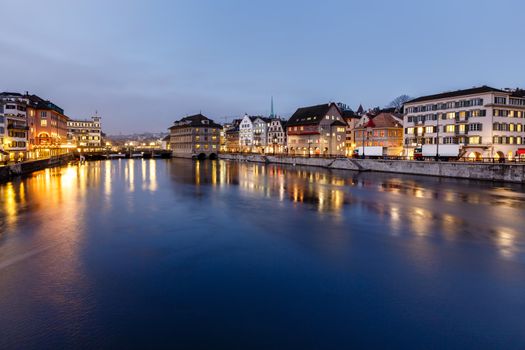 Illuminated Cityhall and Limmat River Bank in the Evening, Zuric
