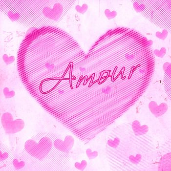 amour in striped heart on pink old paper
