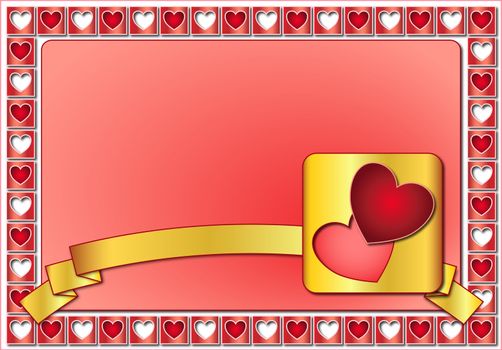 Valentine frame with hearts and golden ribbon
