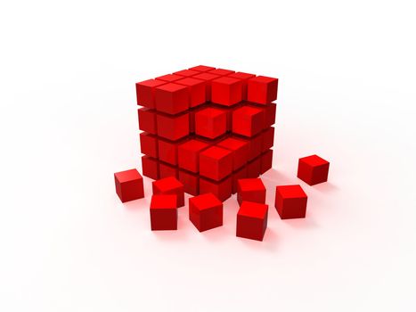 4x4 red disordered cube assembling from blocks isolated on white background