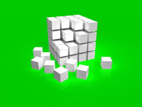 4x4 white disordered cube assembling from blocks isolated on green background