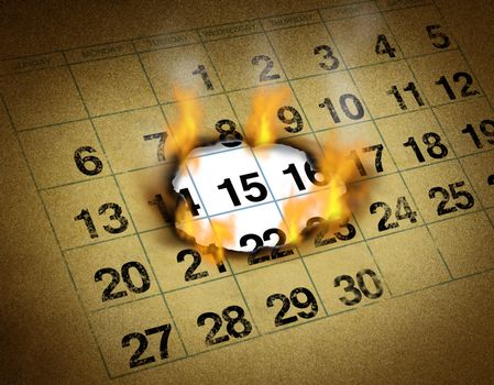 Setting an important hot date on a grunge calendar on fire burning a hole to remember and mark a day of the month representing organizing important urgent time and schedule reminder.