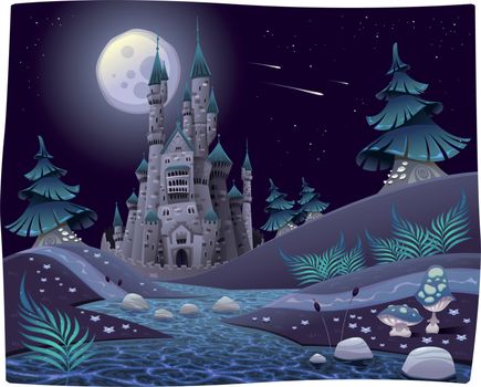 Nightly panorama with castle. Cartoon and vector illustration.


