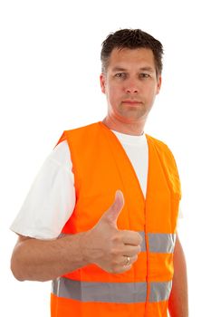 man in safety vest with thums up over white background 