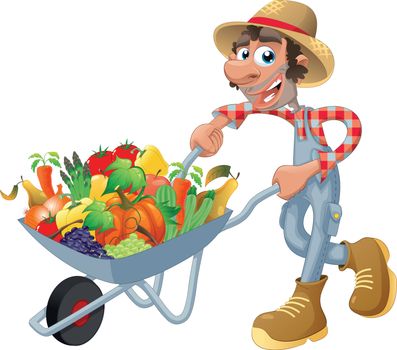 Peasant with wheelbarrow, vegetables and fruits. 