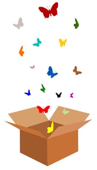 Illustration of lots of colourful butterflies flying out of a box
