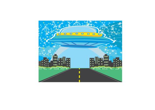 UFO spaceship and big night city