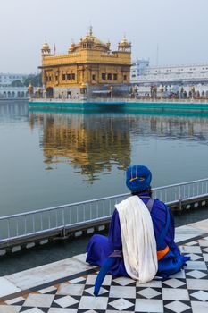 Unidentifiable Seekh Nihang warrior meditating at Sikh temple Ha