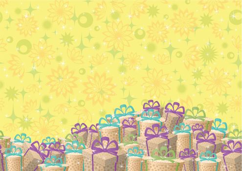 Holiday seamless background, festive gift boxes and floral pattern. Vector