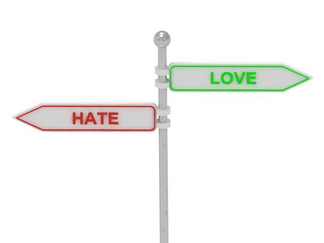 Signs with red "Hate" and green "love" 