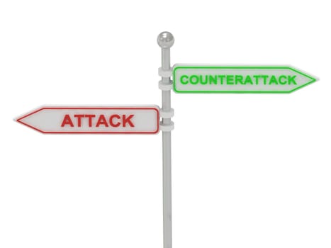 Signs with red "ATTACK" and green "COUNTERATTACK" 