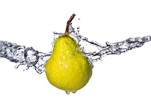 yellow pear with water splash isolated on white