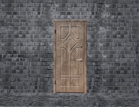 wooden door in brick room