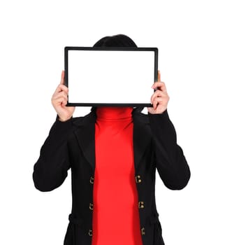 woman holding  touch pad with blank screen