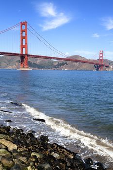 vertical view of famous Golden Gate Bridge