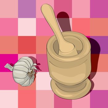 hand drawn illustration of a garlic mortar over a tablecloth pattern with squares