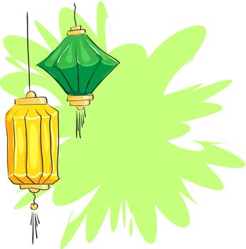 vector yellow and green Chinese lantern on the abstract background