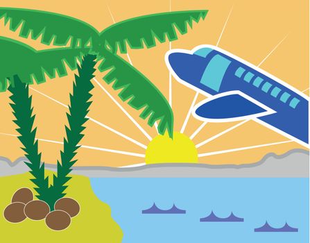 Tropical holiday island with beach and airplane
