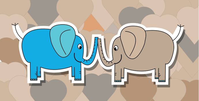 Blue and pink elephant with hearts background