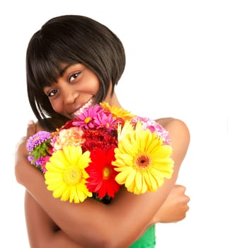 Black woman with gerbera flowers