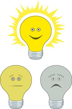 Set of smilies in the form of electric bulbs - sad, indifferent and cheerful