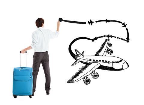 young businessman drawing airplane and airline path on the white