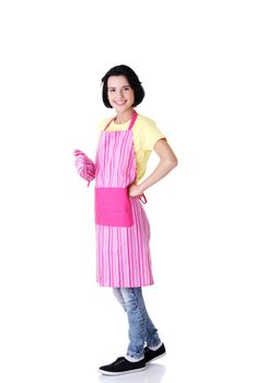 Young housewife in pink apron