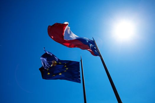 Flags of the European Union and the Czech Republic against the b