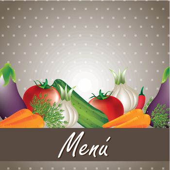 vegetables over brown background, menu. vector illustration