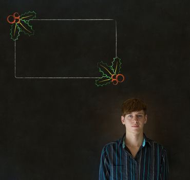Man, student or teacher with Christmas holly menu to do checklist