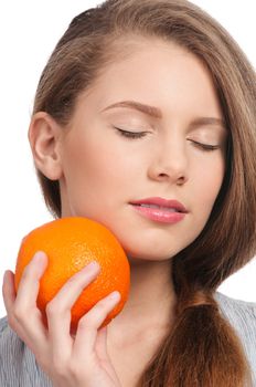 Woman with orange isolated white