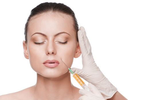 Cosmetic botox injection in the female face. Lips zone. Isolated