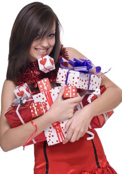 Woman in santa dress with gifts