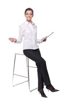 Portrait of young emotional business woman on chair