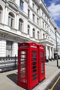 Iconic British Red Telephone boxes in London.