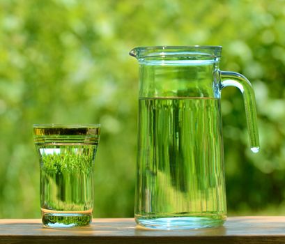 A Glass and Carafe Full of Water on the Background of Foliage