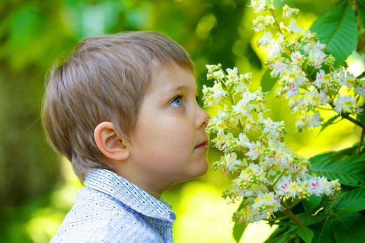 Boy smelling flower